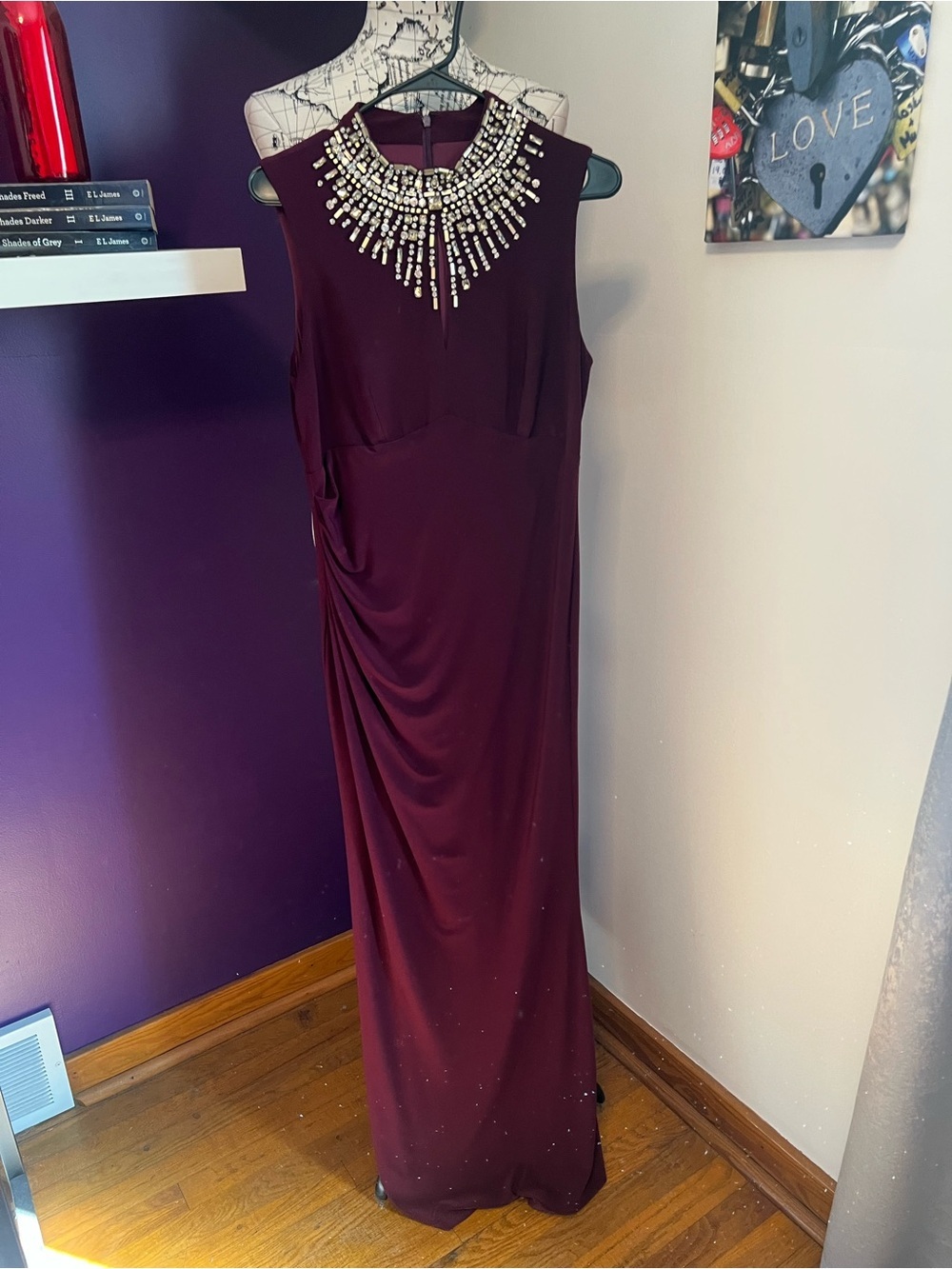 Vince Camuto Wine Colored Sleeveless Maxi with Beaded Collar